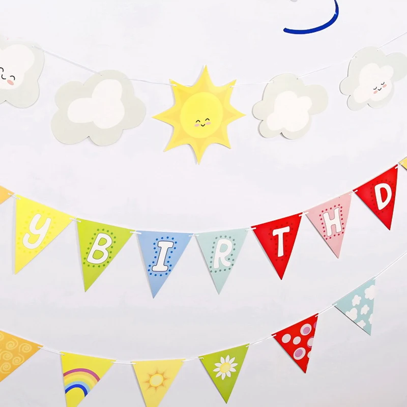 

3pcs/set Creative Happy Birthday Pennant Banner Cartoon Sun Cloud Rainbow Hanging Flags Child Baby Birthday Decoration