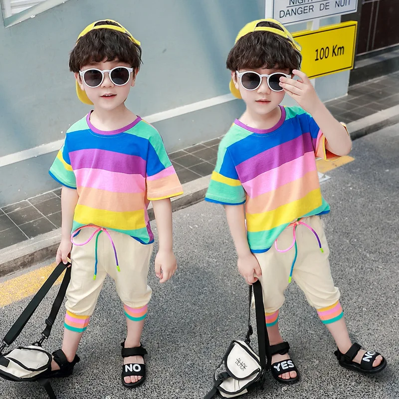 

2019 New Style Korean-style Fashion Childrenswear BOY'S Clothes with Short Sleeves Summer Sports Set Children Rainbow Two-Piece
