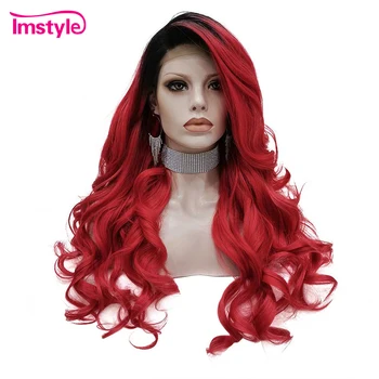 

Imstyle Ombre Red Wigs For Women Long Wavy Synthetic Lace Front Wig Black Root Heat Resistant Fiber Glueless Party Cosplay Wig