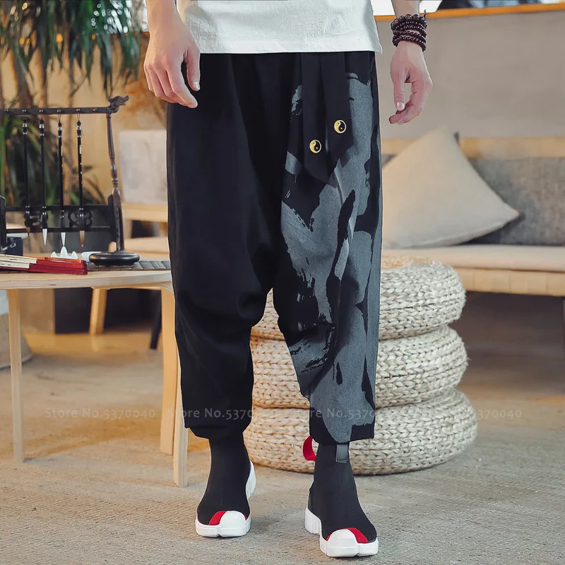 Японский стиль Харадзюку, широкие штаны-шаровары для мужчин, китайские мужские свободные брюки Ukiyo-e Crane Samurai Haori, нижняя часть азиатской одежды - Цвет: Черный