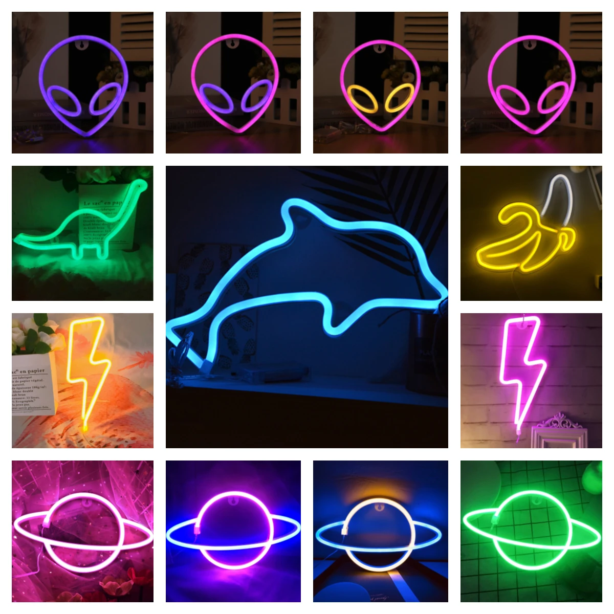 Led Neon Light Wall Art Neon Sign Bedroom Decor Banana Dolphin Alien Lightning Hanging