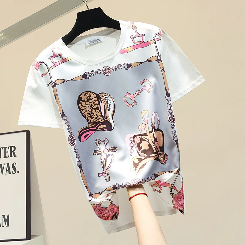 

2020 Spring Summer New Printed Pattern Slim Thsirt Woman Personality Loose-Fit Short-Sleeve Round-Neck White T-shirt T Shirts T