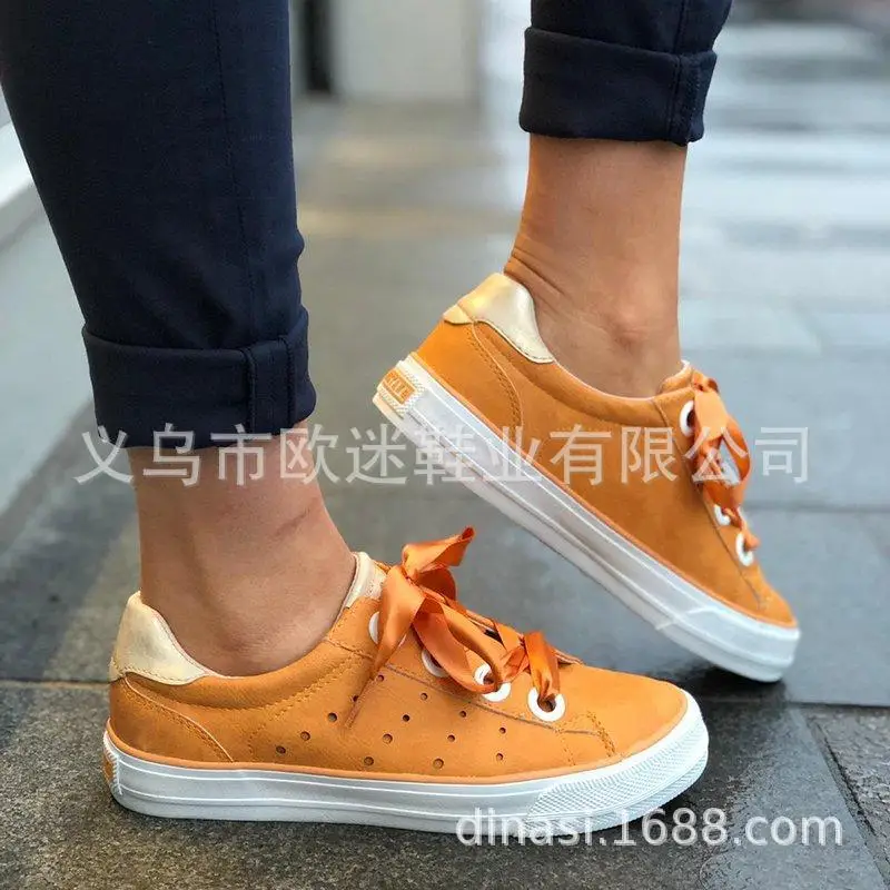 

Riband Lace-Up Shallow Women's Flat Vulcanize Shoes Sweet Narrow Band Elegant Spring Autumm Chunky Sneakers Shoes Denim PU