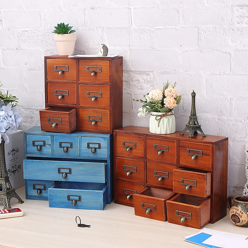 

6 Grids Storage Box Vintage Wooden Table Storage Box With Drawer Handle Home Decoration Organizer органайзер для косметии