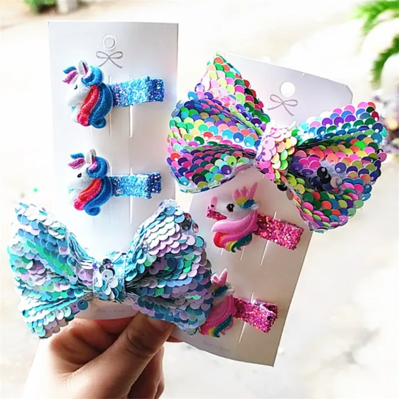 mixed colors 5 компл./лот прелестный бант с блестками в форме единорога Заколки для волос с мультяшным животным с пайетками для девочек, заколка для волос, аксессуары для волос, платье принцессы повязка на голову - Цвет: mixed colors
