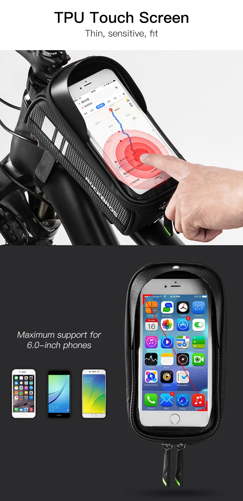 ROCKBROS 5,8/6,0/6,2 дюймов передняя фара для велосипеда трубка телефон сумка непромокаемые MTB горный велосипед сумка сенсорный экран велосипедная сумка Велоспорт чехол для телефона