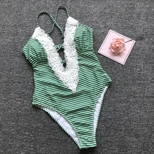 Женский купальник в полоску с принтом v-образным вырезом кружевной цельный купальник купальный костюм Монокини Бикини Mujer прочная пляжная одежда