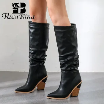 

RIZABINA Women Knee High Boots Casual Square Heels Western Cowgirl Shoes Women Fall Winter Pointed Toe Long Boots Size 34-43