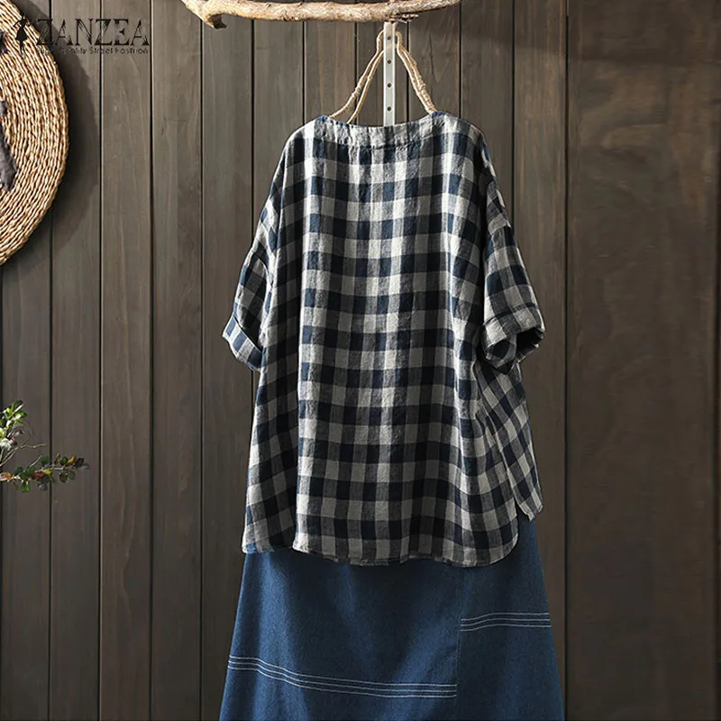 ZANZEA клетчатая блузка Женский Летний Топ кафтан Повседневный 3/4 рукав работа Blusas женский плед Туника Топы плюс размер рубашки 5XL