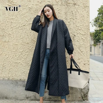 

VGH Casual Argyle Cotton Coats For Female Lapel Collar Long Sleeve High Waist Loose Parka Women Clothing 2020 Autumn Winter Tide