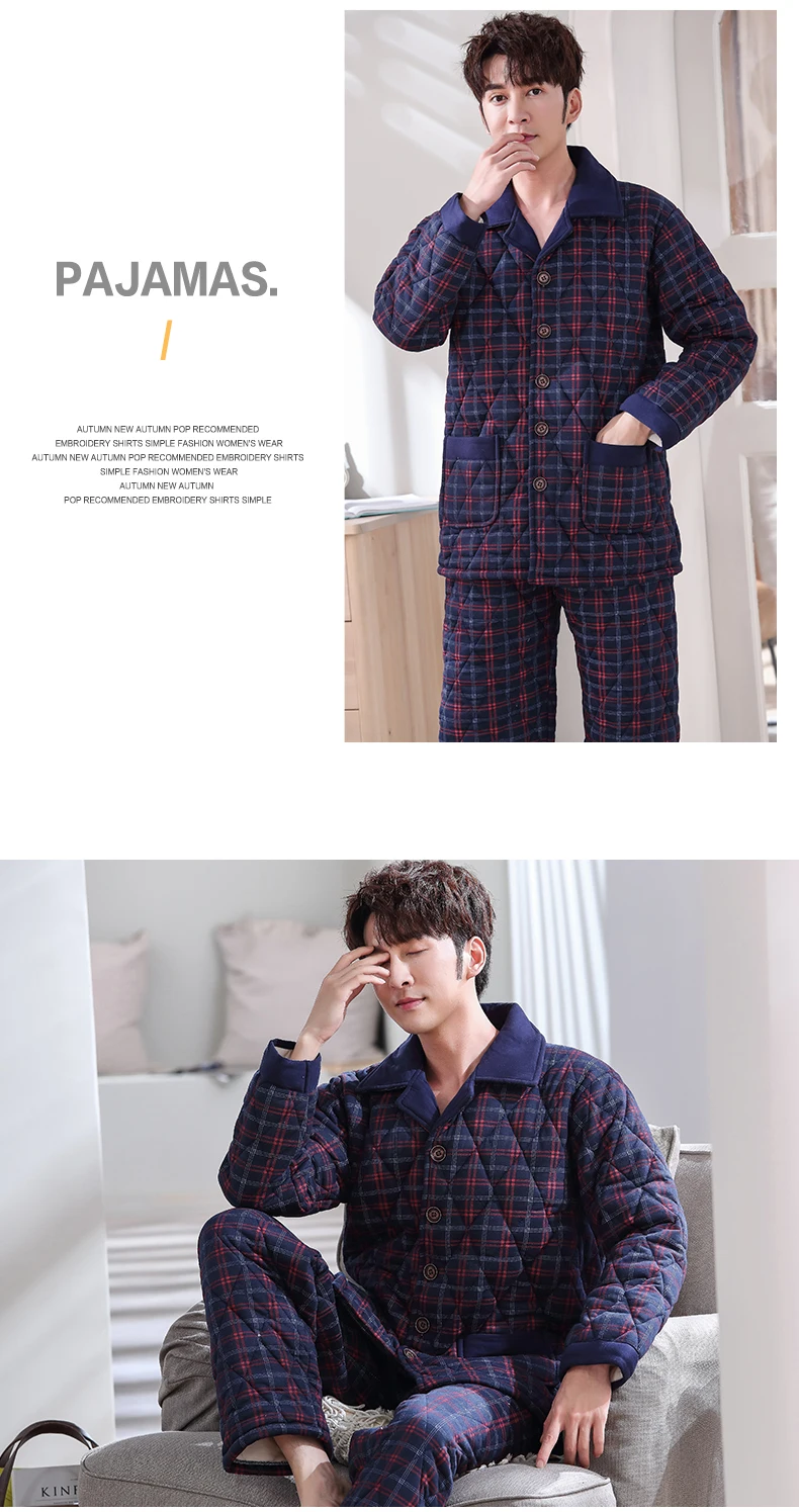 mens pjs New Winter Fashion Plaid Quilted Pajama Sets Soft Men Sleepwear Winter Lounge Set Three Layer Padded Cotton Thick Quilted Jacket mens flannel pajamas set