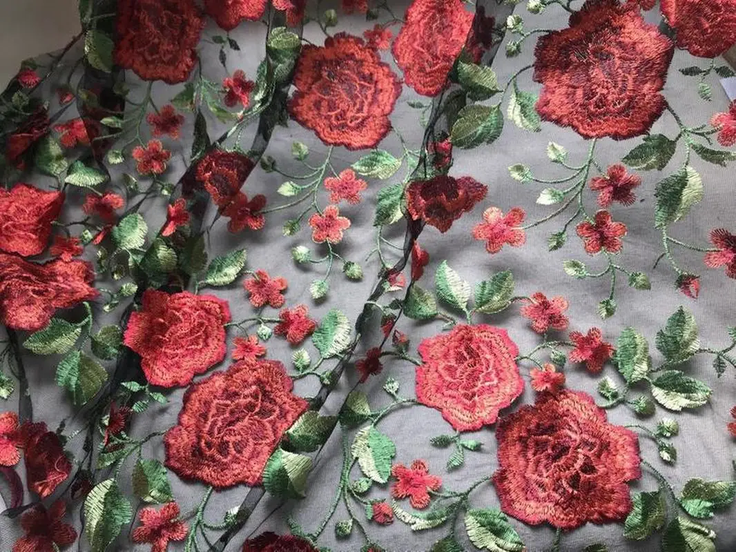 

1 yard Vintage Peony Flower and Green Leaf Embroidery Lace Fabric on Black Mesh Lace for Weddings, Skirts, Gowns or Boho Dress