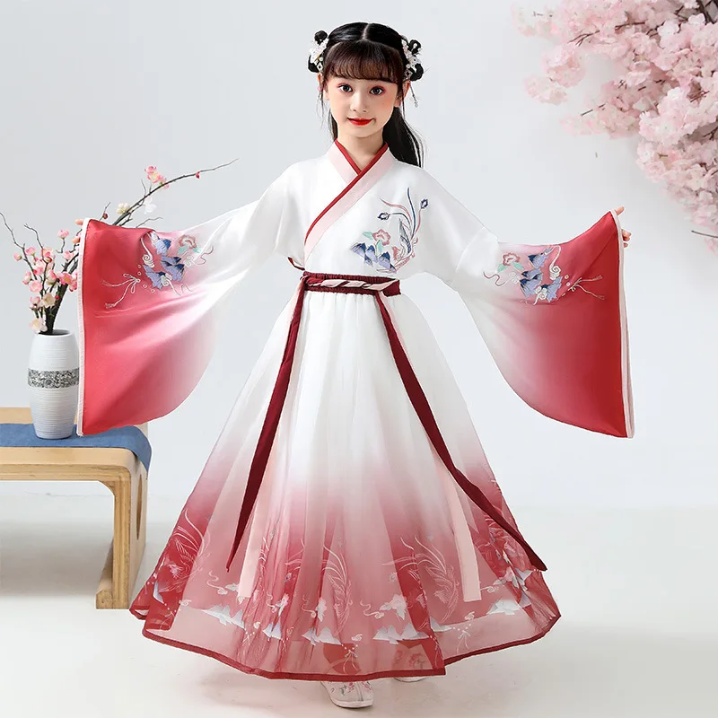 

Chinese Traditional Red Embroidery Hanfu Kids Cosplay Clothing Children Tang Dynasty Costume Dance Dress for Girls