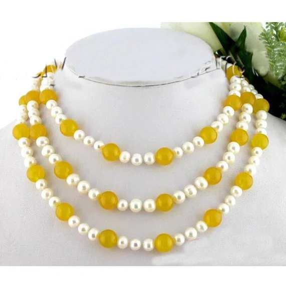 

Unique Design AA 8-10mm 30inches Yellow Jade White Round Real Freshwater Pearls Necklace Fine Jewelry Charming Lady Gift