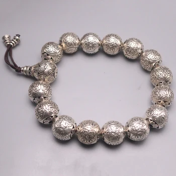 

S925 Sterling Silver Bracelet Women Men Luck Bless Six-word Motto Round Beads Link Bracelet 13mmW 66-67g 7inches
