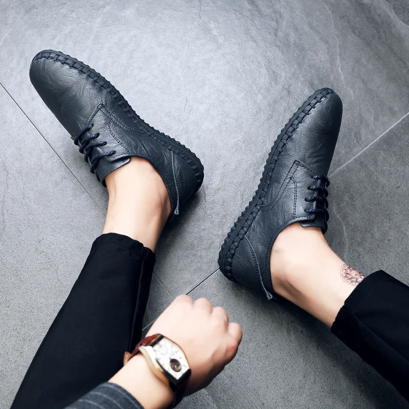 Big Size 47 Men Leather Derby Shoes Luxury Brand Casual Footwear Shoes Men Soft Comfy Flat Lace-Up Gentleman Drive Shoes VI