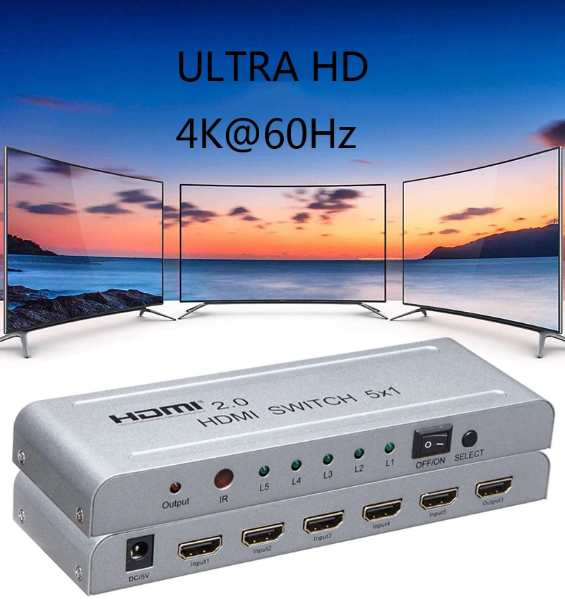 

HDMI 2.0 Switch 5x1 HDMI Switcher Audio video Converter 4K 60Hz 3D 1080P w/ IR remote HDCP2.2 for PS3 PS4 TV BOX PC DVD to HDTV