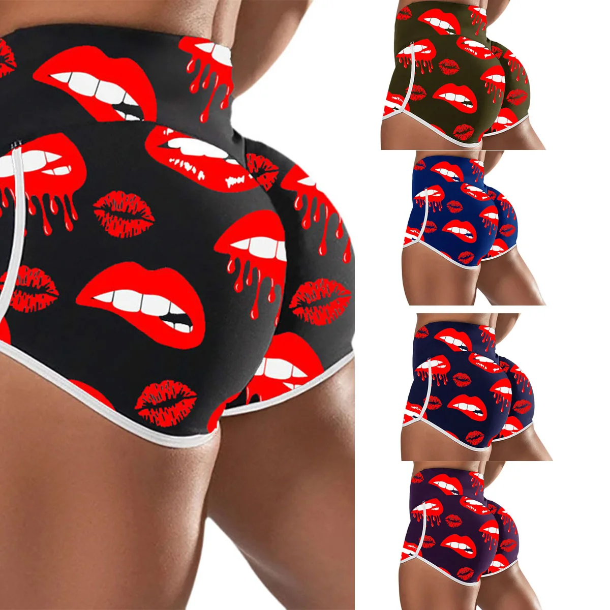 

AA Women's Workout Shorts Plus Size Lips Printed Booty Gym Shorts Running High Waist Butt Lifting Short Leggings 5XL