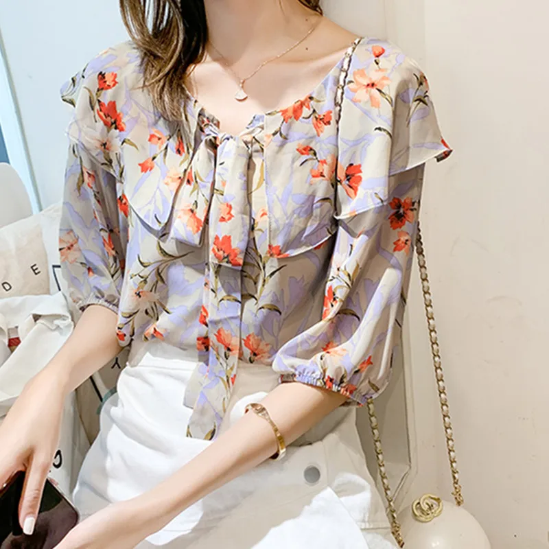 

Korean Fashion Chiffon Women Blouses Women Floral Blouse OL Print Shirt Plus Size Blusas Femininas Elegante Blusas Mujer De Moda