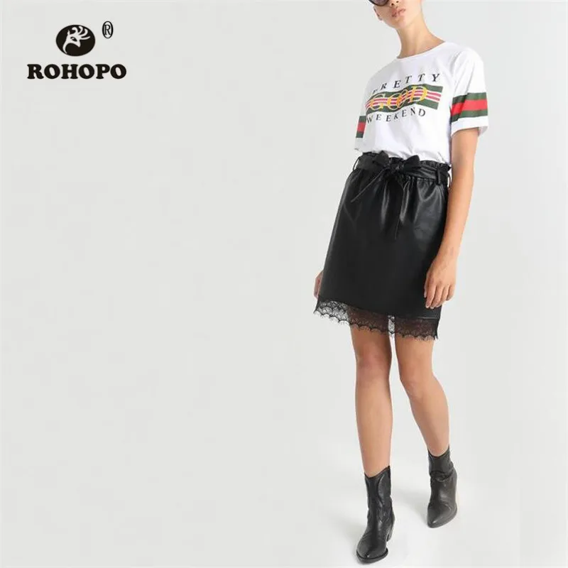 

ROHOPO Ruffled Waist Bow Belted Leather Black Skirt Splice Lace Hem Pleated Office Ladies Chic PU Leather Mini Falda #98272