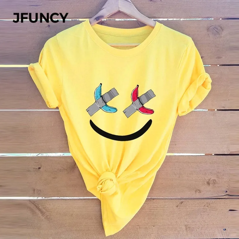 

JFUNCY Plus Size S-5XL Cute Smiley Print T Shirt Women Shirts 100% Cotton Short Sleeve Woman Summer Tshirt Tops Female T-shirts