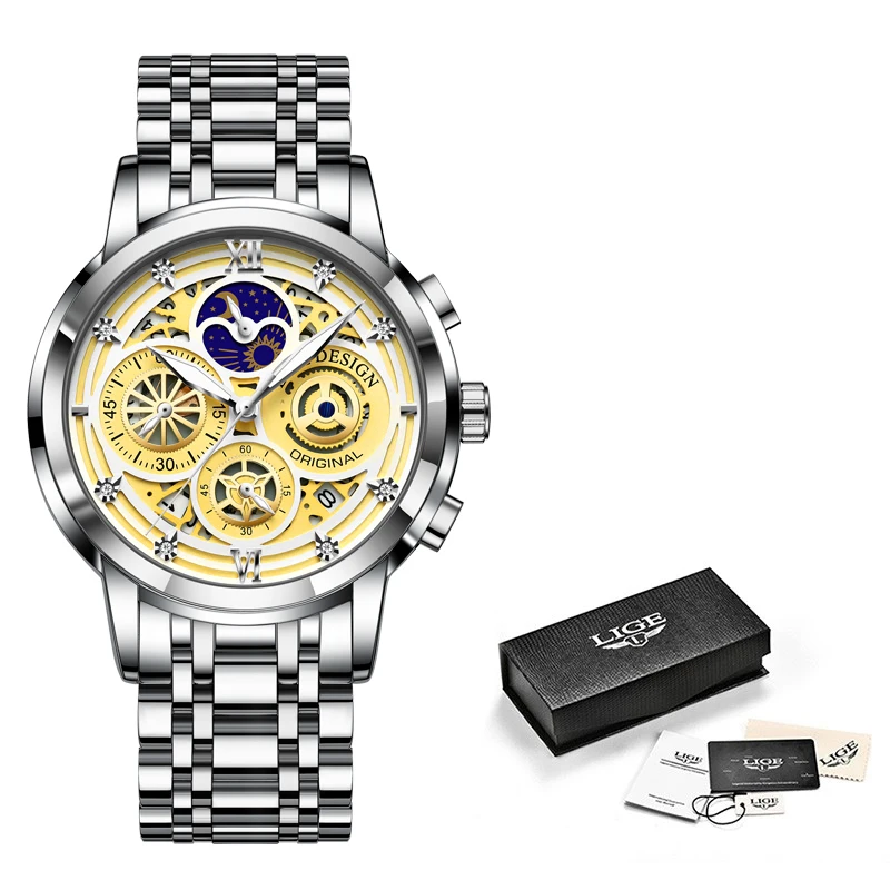 2021 New LIGE Sport Men Watch Top Brand Luxury Gold Stainless Steel Quartz Wrsit Watch Men Fashion Hollow Waterproof Chronograph 