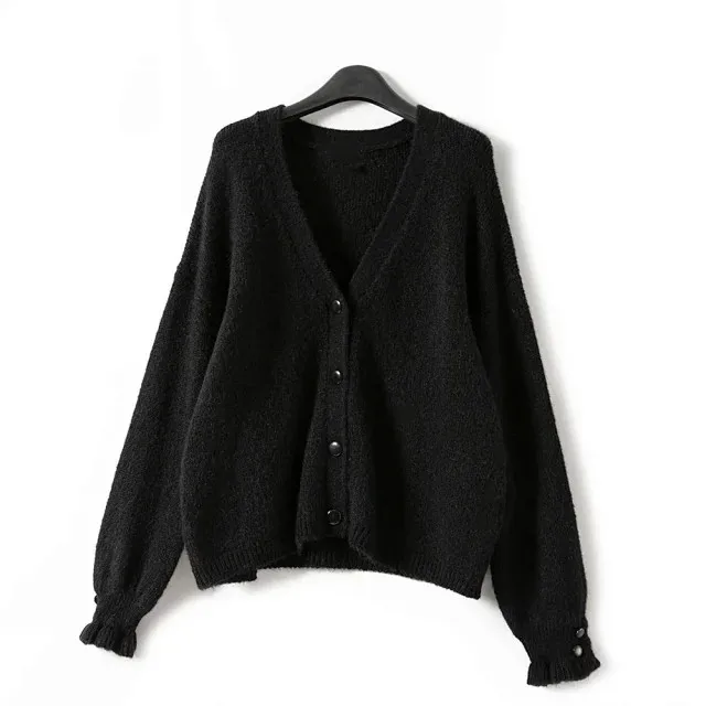 Lantern Sleeve Sweater Women Single Breasted V