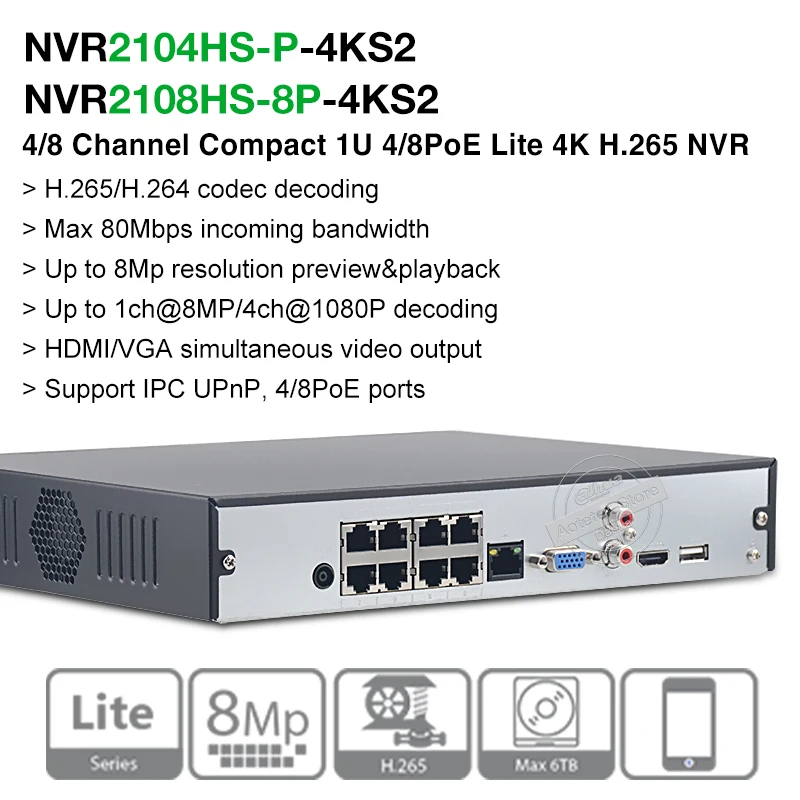 Dahua Original Multi language NVR2104HS P 4KS2 4/8CH 4/8POE H.265 сетевой видеорегистратор 1SATA 8MP P2P