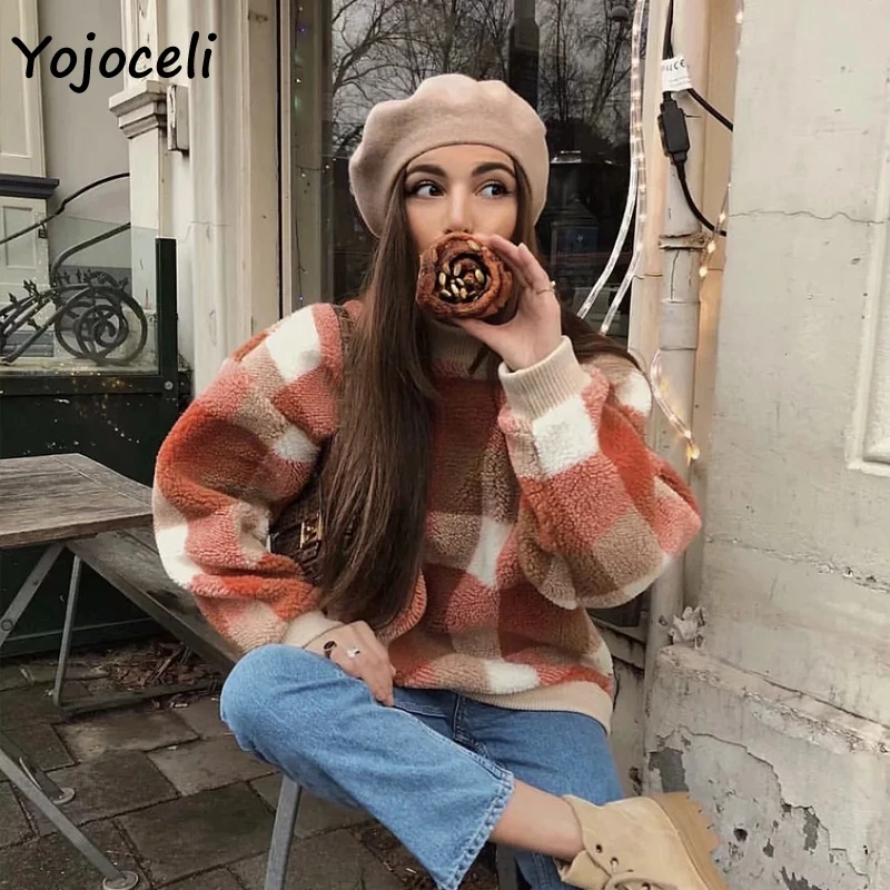 Yojoceli Повседневная модная клетчатая Толстовка Пуловер женский свободный женский свитер с круглым вырезом Топ уличная