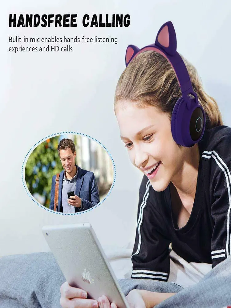 Dosmix светодиодный кошачьи наушники с шумоподавлением, Bluetooth 5,0, детская гарнитура, поддержка TF карты, разъем 3,5 мм, с микрофоном