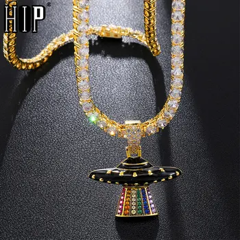 

Hip Hop Iced Out Micro Paved Colorful Cubic Zirconia Alien UFO Pendant Necklace For Men Rapper Jewelry With Tennis Chain