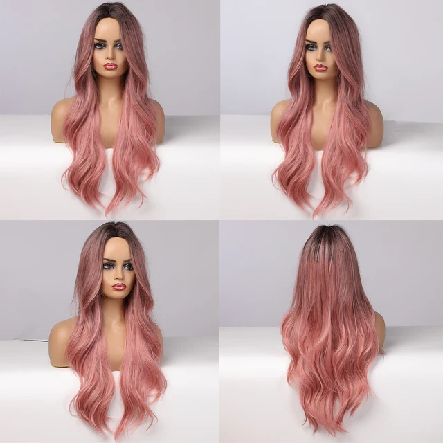 ALAN EATON Long Wavy Synthetic Wigs Ombre Black Pink Wigs for Women Cosplay Natural Middle Part Hair Wig High Temperature Fiber 4
