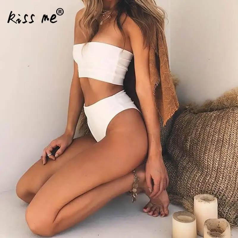 

Summer Solid Off Shoulder Two Piece Swimsuit Women Tankini Set High Waist Beach Thong High Cut Sexy Bathing Suit Female