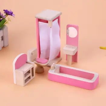 

Baby Infant Bathroom Furniture Dollhouse Wooden Children Gift Childrens Teaching Aids Play Puzzle Playing Pink Toy