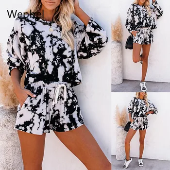 

WEPBEL Women's Home Clothes Fashion Pajamas Sets Summer Tie-Dye Printed Sleepwear Long-Sleeved Tops High Waist Shorts Homewear