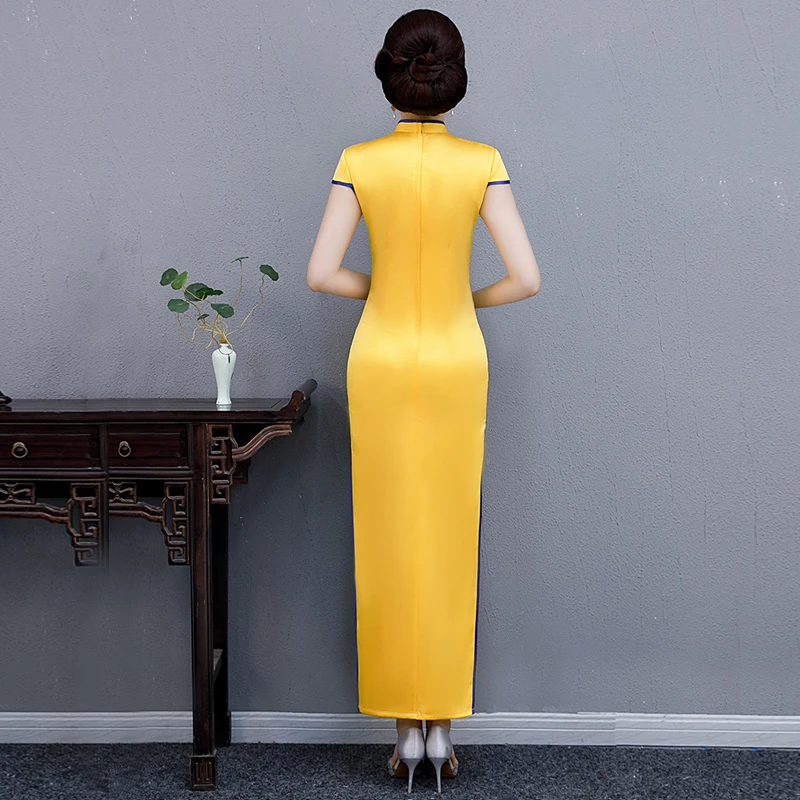 Желтые женские вечерние платья восточные женщины Cheongsam элегантный в китайском стиле длинные Qipao Сексуальное Тонкое свадебное платье для выпускного бала Vestidos XS-3XL