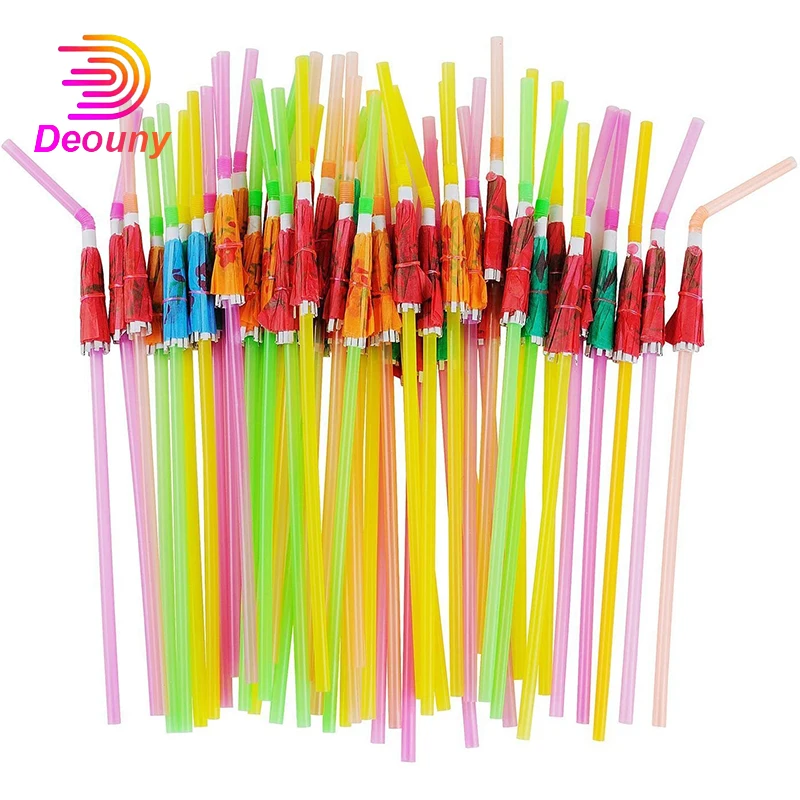 

DEOUNY 50PCS Umbrella Parasol Drinking Plastic Straws Hawaiian Beach Cocktail Luau Party Decorations Supplies Bar Accessories
