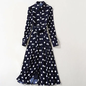 

HIGH QUALITY New 2020 Fashion Designer Runway Dress Women's Turn-down Collar Long Sleeve Sashes Polka Dot shirt Dress