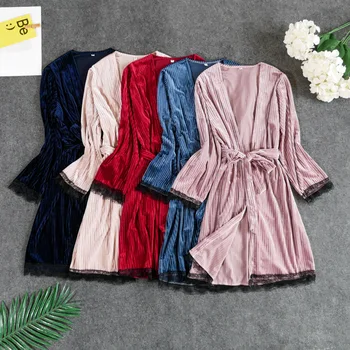 

2PCS Robe Set For Young Lady Sexy Lounge Velour Kimono Bathrobe Gown Nightgown Lace Patchwork Hollow Out Velvet Sleepwear