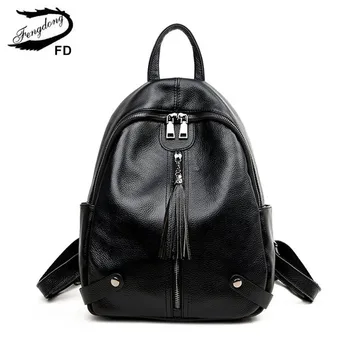

Fengdong women black genuine leather backpack female real leather tassel back bag pack girls fashion small travel backpack bag