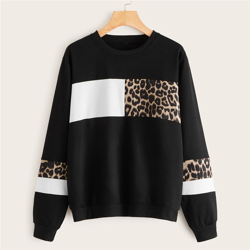 Dotfashion Black Casual Leopard Print Patchwork Sweatshirt Women Autumn Long Sleeve Sweatshirts Ladies Basic Sweatshirt