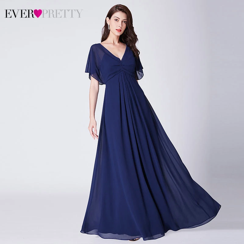 

Elegant Navy Blue Evening Dresses Long Ever Pretty EP07421NB Ruffles Sleeve A-Line V-Neck Ruched Evening Gowns Vestido Largo