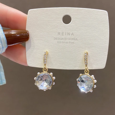New Fashion Bowknot Oversized Pearl Drop Earrings For Women Shining Crystal Golden Metal Earrings Wedding Party Jewelry
