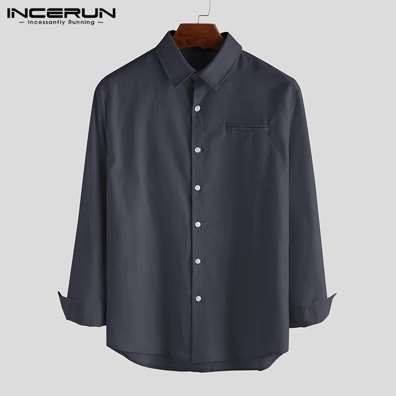 INCERUN Men Baggy Pure Color Long Sleeve Button Shirts Comfortable Street British Literary Mens Blouse Camisa Masculina M-3XL - Color: Navy Blue