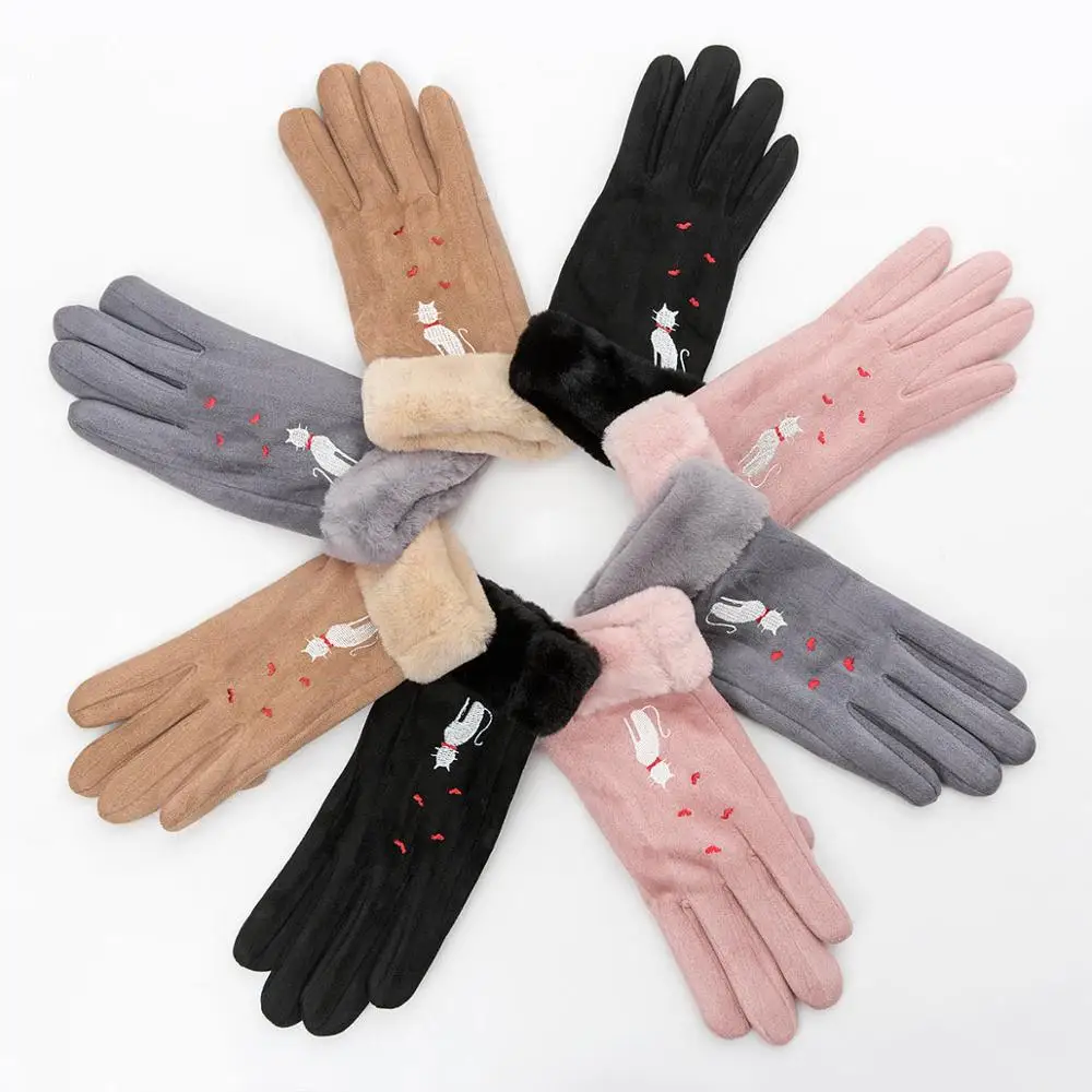 Женские уличные кашемировые перчатки Осенние и зимние женские теплые хлопковые и хлопковые вышитые перчатки с животными однотонные женские перчатки