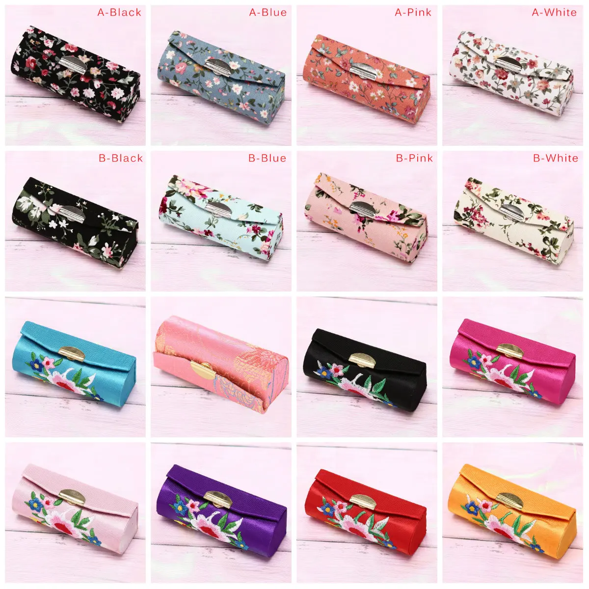 1 Pcs Coin Lipstick Holder Random Color Embroidered Flower Design Lipstick  Case Box with Mirror Hasp Cosmetic Bags