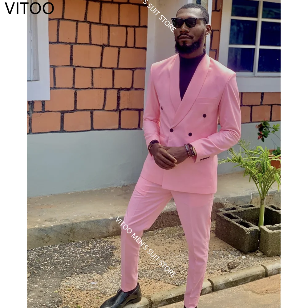 

New 2 Pieces Pink Men Suits Double Breasted Blazer Suits Groom Slim Fit Wedding Suits Jacket Tuxedos Coat Pant Design Latest Set