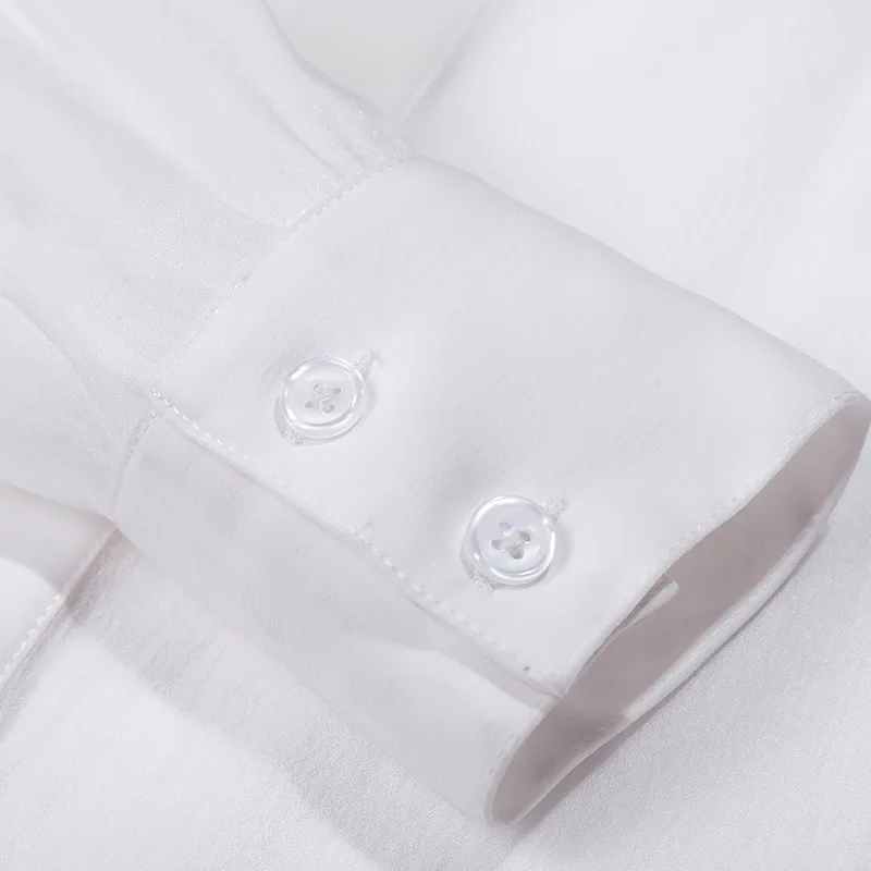 [LIVIVIO] белая прозрачная рубашка из органзы со стоячим воротником и бантиком с длинным рукавом женская блузка женская уличная модная одежда