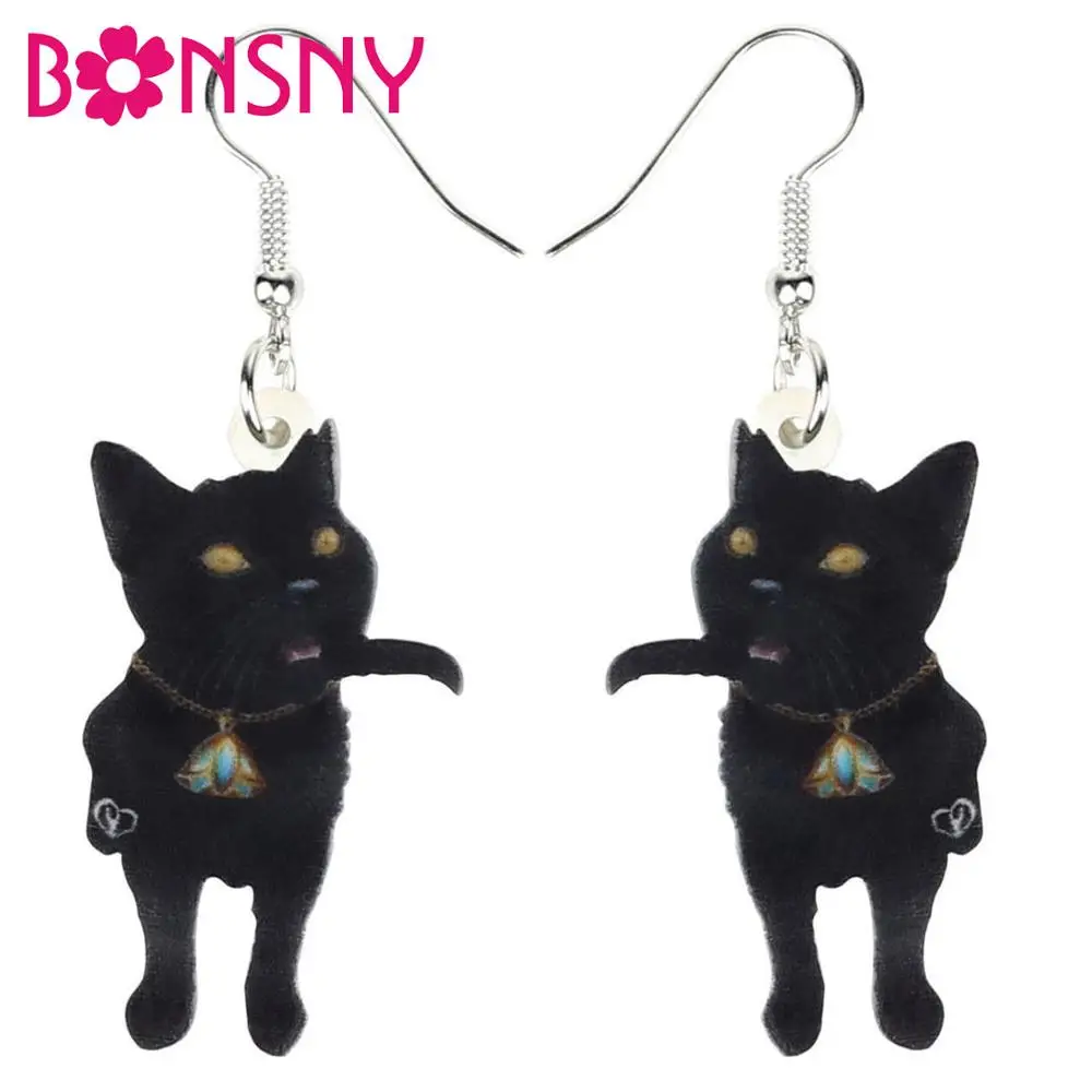 Bonsny акриловые Новинка Черный кот котенок серьги подвески в форме капли Сладкий