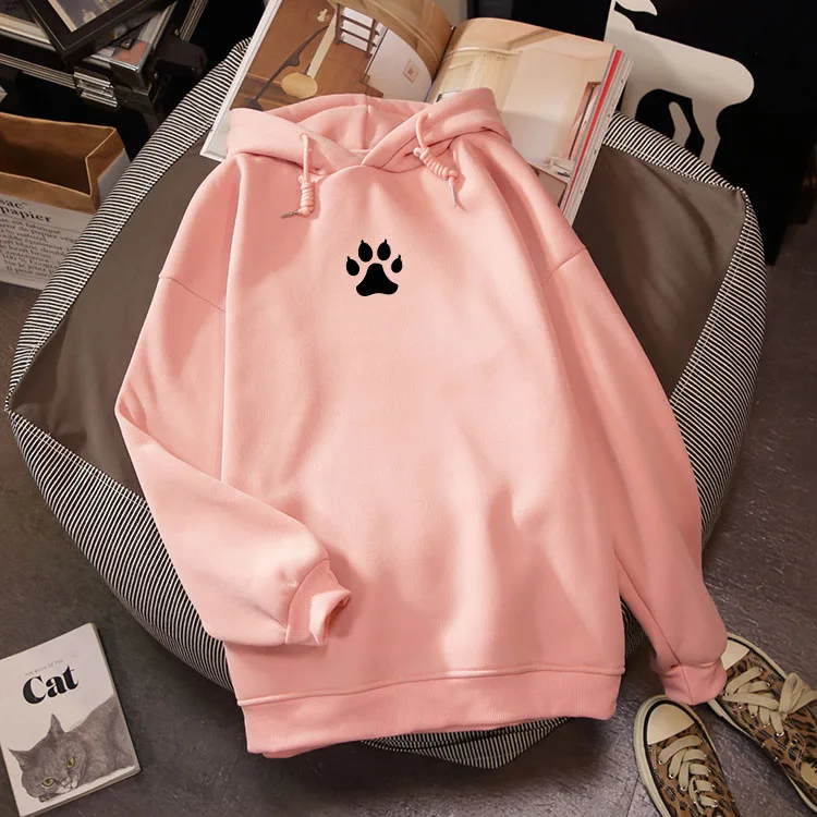 

Dog Footprints Printing Harajuku Kawaii Sweatshirt Winter Streetwear Punk Oversized Hooded Jacket Kpop Tops Women Long-sleeved